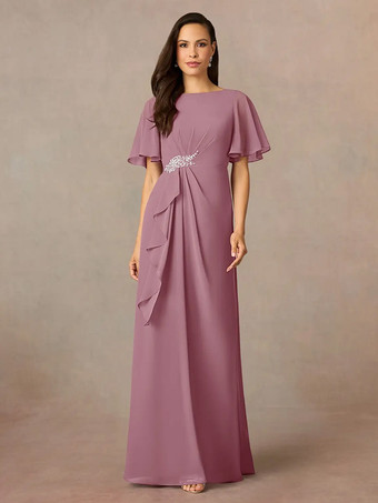 カメオピンク花嫁の母親のためのパーティードレス ジュエルネック 半袖 Aライン プリーツ ウェディングゲストドレス