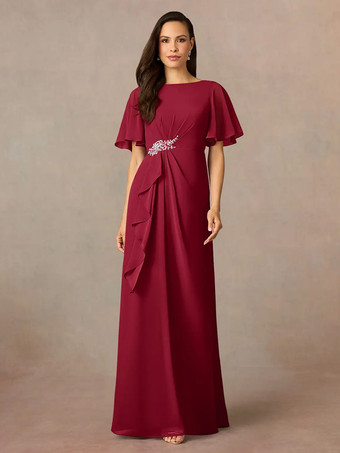 バーガンディー花嫁の母親のためのパーティードレス ジュエルネック 半袖 Aライン プリーツ ウェディングゲストドレス