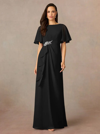 ブラック花嫁の母親のためのパーティードレス ジュエルネック 半袖 Aライン プリーツ ウェディングゲストドレス