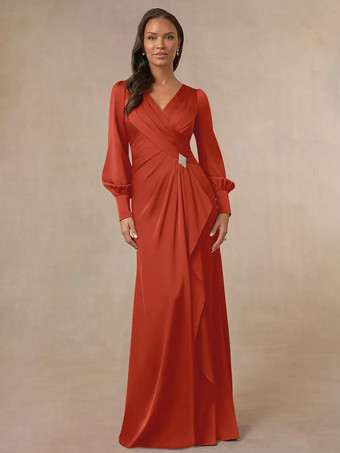 ブリックレッドブライダルマザードレス Vネック 長袖 マーメイドプリーツ ゲストドレス 結婚式用