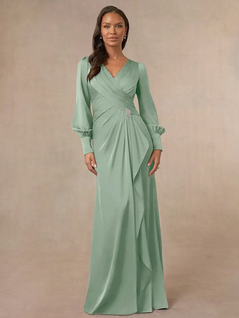 セージグリーンブライダルマザードレス Vネック 長袖 マーメイドプリーツ ゲストドレス 結婚式用