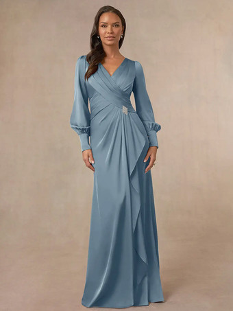 グレーブルーブライダルマザードレス Vネック 長袖 マーメイドプリーツ ゲストドレス 結婚式用