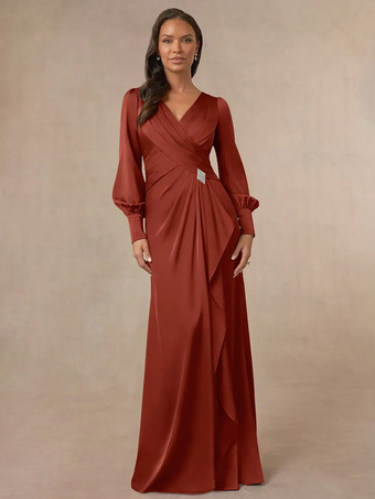 ブリックレッドブライダルマザードレス Vネック 長袖 マーメイドプリーツ ゲストドレス 結婚式用