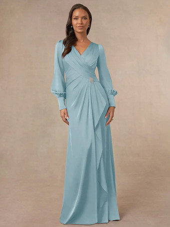 パステルブルーブライダルマザードレス Vネック 長袖 マーメイドプリーツ ゲストドレス 結婚式用