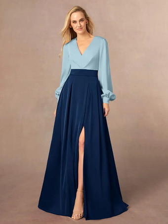 ブルーマザードレス Vネック 長袖 Aライン フロントスリット ウェディングゲストドレス