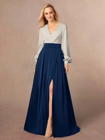 ダークネイビーマザードレス Vネック 長袖 Aライン フロントスリット ウェディングゲストドレス