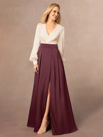 マザードレス Vネック 長袖 Aライン フロントスリット ウェディングゲストドレス