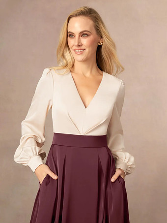 マザードレス Vネック 長袖 Aライン フロントスリット ウェディングゲストドレス