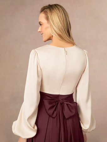 マザードレス Vネック 長袖 Aライン フロントスリット ウェディングゲストドレス