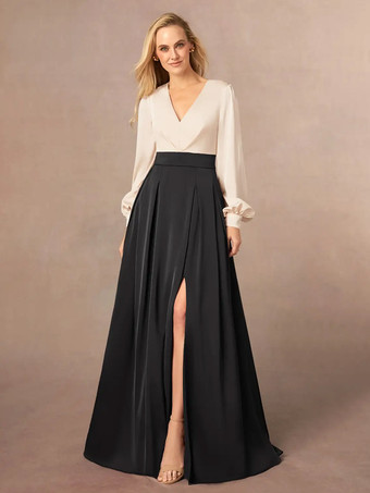 ブラックマザードレス Vネック 長袖 Aライン フロントスリット ウェディングゲストドレス