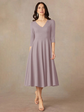 ライラックブライダルマザードレス Vネック 3/4丈スリーブ Aライン ゲストドレス 結婚式用