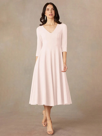 ソフトピンクブライダルマザードレス Vネック 3/4丈スリーブ Aライン ゲストドレス 結婚式用