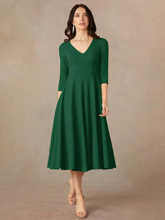 ダークグリーンブライダルマザードレス Vネック 3/4丈スリーブ Aライン ゲストドレス 結婚式用