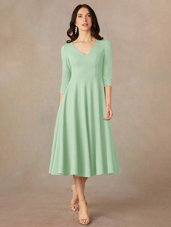 セージグリーンブライダルマザードレス Vネック 3/4丈スリーブ Aライン ゲストドレス 結婚式用