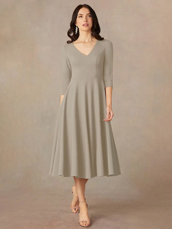 グレイブライダルマザードレス Vネック 3/4丈スリーブ Aライン ゲストドレス 結婚式用