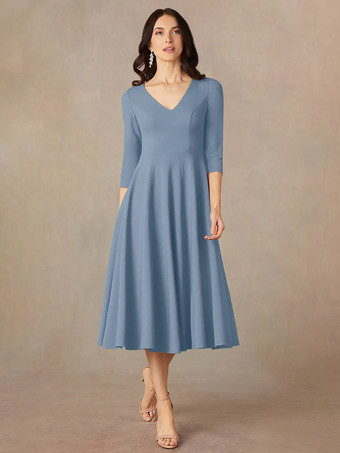 グレーブルーブライダルマザードレス Vネック 3/4丈スリーブ Aライン ゲストドレス 結婚式用