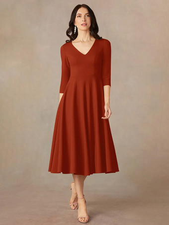 ブリックレッドブライダルマザードレス Vネック 3/4丈スリーブ Aライン ゲストドレス 結婚式用