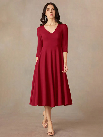 レッド ブライダルマザードレス Vネック 3/4丈スリーブ Aライン ゲストドレス 結婚式用