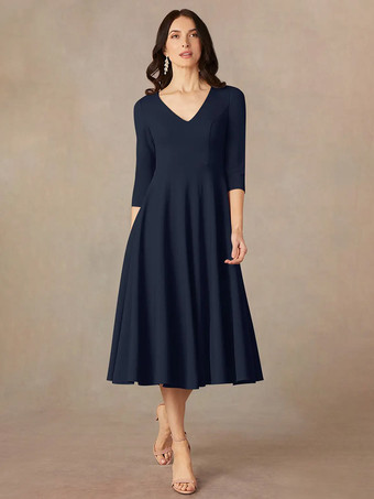 ダークネイビーブライダルマザードレス Vネック 3/4丈スリーブ Aライン ゲストドレス 結婚式用