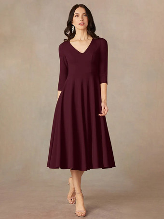 マルーンブライダルマザードレス Vネック 3/4丈スリーブ Aライン ゲストドレス 結婚式用