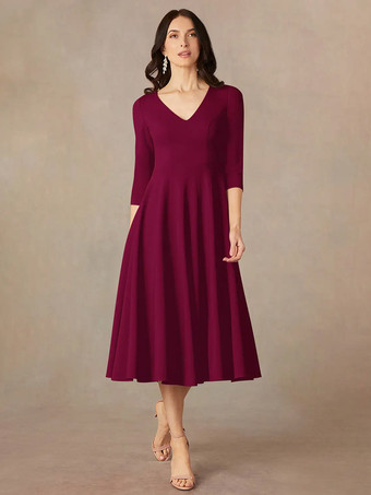 バーガンディーブライダルマザードレス Vネック 3/4丈スリーブ Aライン ゲストドレス 結婚式用
