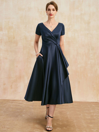 マザードレス Vネック 半袖 Aライン プリーツ ゲストドレス 結婚式用