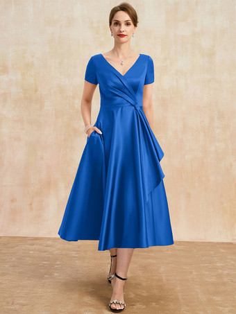 ロイヤルブルーマザードレス Vネック 半袖 Aライン プリーツ ゲストドレス 結婚式用