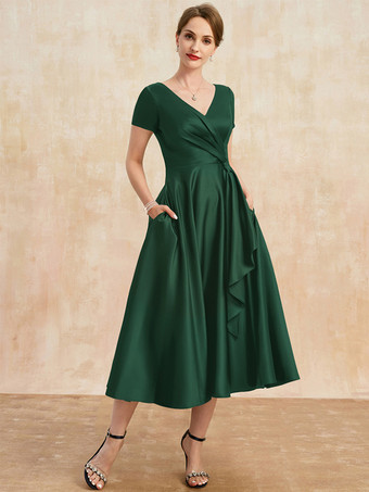 ダークグリーンマザードレス Vネック 半袖 Aライン プリーツ ゲストドレス 結婚式用