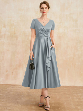 グレーブルーマザードレス Vネック 半袖 Aライン プリーツ ゲストドレス 結婚式用