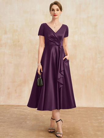 プラムマザードレス Vネック 半袖 Aライン プリーツ ゲストドレス 結婚式用