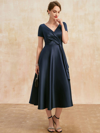 ダークネイビーマザードレス Vネック 半袖 Aライン プリーツ ゲストドレス 結婚式用