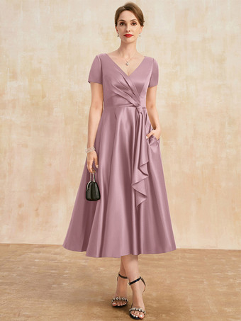 サーモンピンクマザードレス Vネック 半袖 Aライン プリーツ ゲストドレス 結婚式用