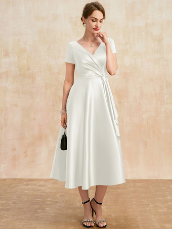 アイボリーマザードレス Vネック 半袖 Aライン プリーツ ゲストドレス 結婚式用