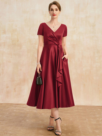 バーガンディーマザードレス Vネック 半袖 Aライン プリーツ ゲストドレス 結婚式用