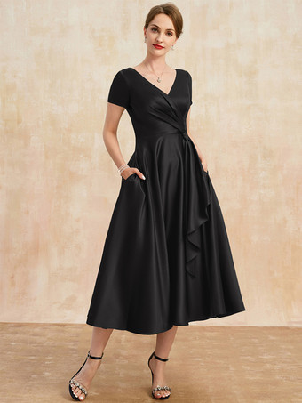 ブラックマザードレス Vネック 半袖 Aライン プリーツ ゲストドレス 結婚式用