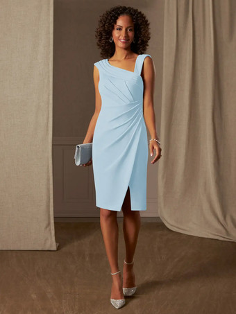 ベビーブルーマザードレス デザインネックライン ノースリーブ Aライン プリーツ ウェディングゲストドレス