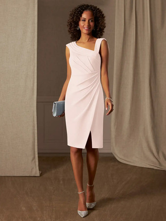 ソフトピンクマザードレス デザインネックライン ノースリーブ Aライン プリーツ ウェディングゲストドレス