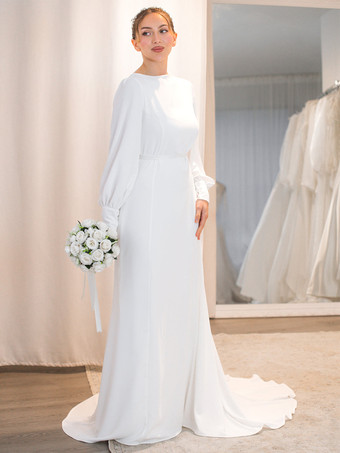 シンプルなウェディングドレス Aライン ジュエルネック 長袖 ブライダルドレス