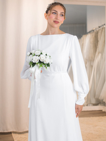シンプルなウェディングドレス Aライン ジュエルネック 長袖 ブライダルドレス