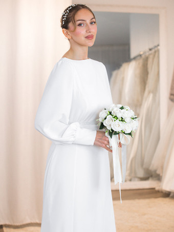 シンプルなウェディングドレス Aライン ジュエルネック 長袖 ブライダルドレス