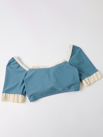 スイートロリータ衣装 ブルーリボン フリル カラーブロック 半袖 スカート パンツ トップス