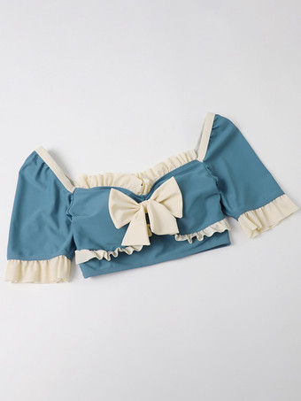 スイートロリータ衣装 ブルーリボン フリル カラーブロック 半袖 スカート パンツ トップス