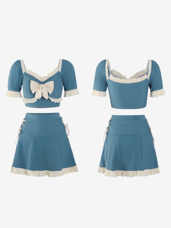 スイートロリータ衣装 ブルーリボン フリル カラーブロック 半袖 スカート パンツ トップス