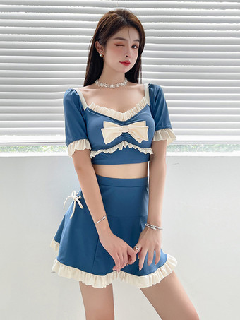 スイートロリータ衣装 ブルーリボン フリル カラーブロック 半袖 スカート パンツ トップス