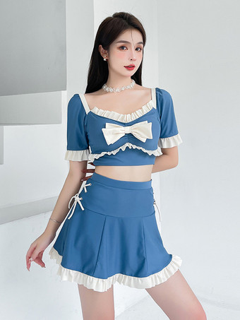 スイートロリータ衣装 ブルーリボン フリル カラーブロック 半袖 スカート パンツ トップス