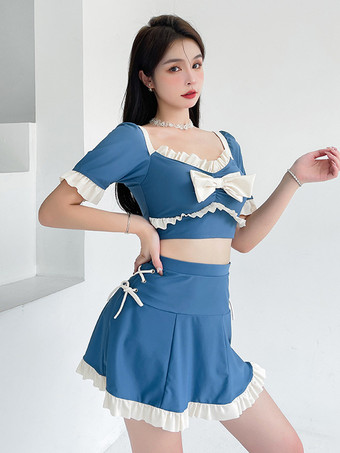 スイートロリータ衣装 ブルーリボン フリル カラーブロック 半袖 スカート パンツ トップス