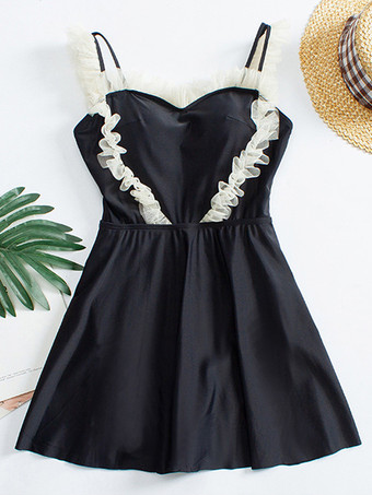 スイートロリータ衣装 ブラックカラーブロックフリルノースリーブジャンプスーツ