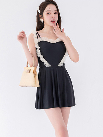 スイートロリータ衣装 ブラックカラーブロックフリルノースリーブジャンプスーツ