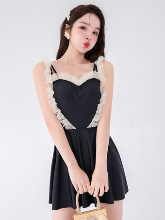 スイートロリータ衣装 ブラックカラーブロックフリルノースリーブジャンプスーツ