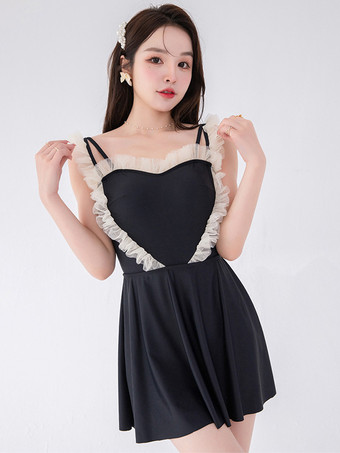 ブラック スイートロリータ衣装 ブラックカラーブロックフリルノースリーブジャンプスーツ